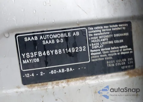 2008 Saab 9-3 2.0T из США, поврежденный, VIN YS3FB46Y881149232